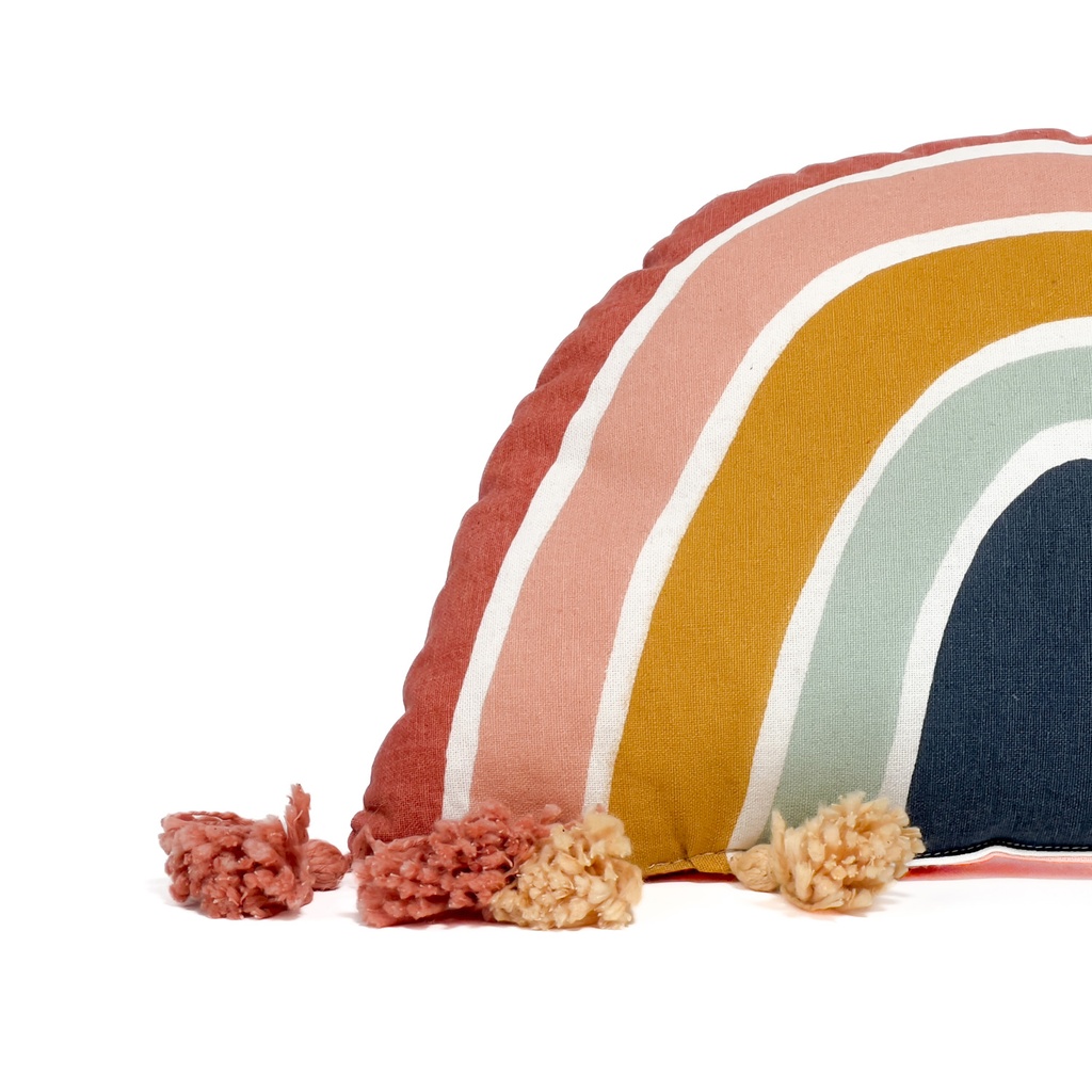 Cojín arcoiris pompones azul 30x50cm