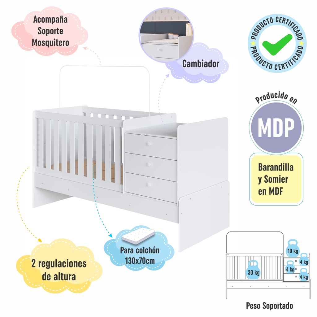 Cama Cuna Multifuncional sin auxiliar blanco
