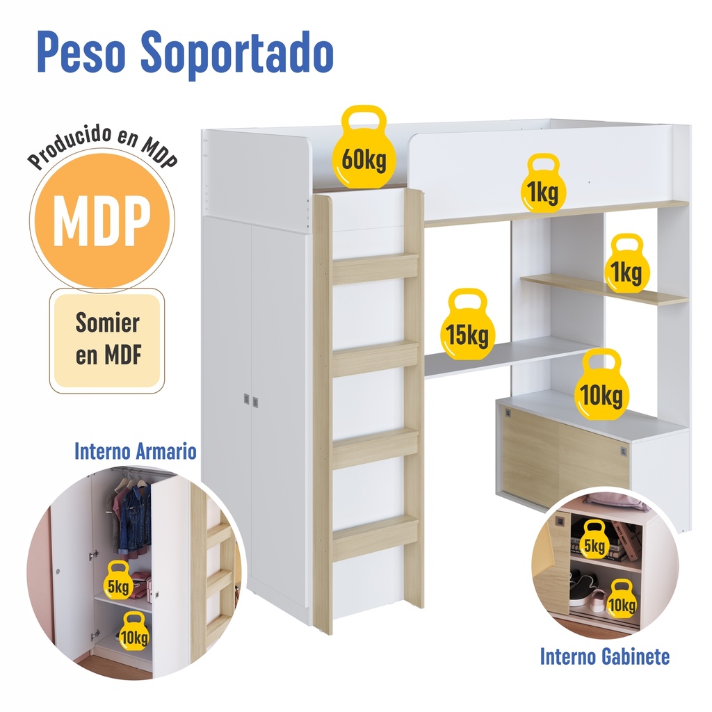 Cama elevada multifuncional c/ 2 colchónes Supreme D23 1 plaza
