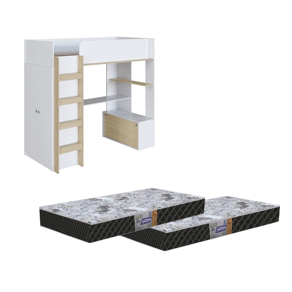 Cama elevada multifuncional c/ 2 colchónes Supreme D23 1 plaza